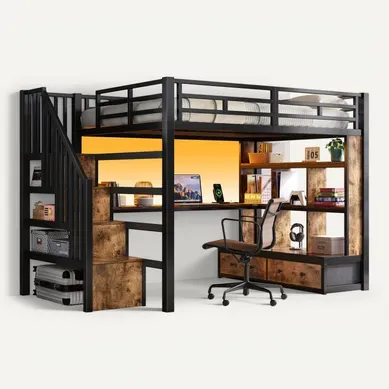 Lit Mezzanine 140x200 Double Avec Bureau, étagères, 2 Tiroirs Et LED, Noir Lit Mezzanine 140x200 Double Avec Bureau, étagères, 2 Tiroirs Et LED, Noir