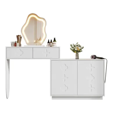 Coiffeuse Avec 2 Tiroirs, Meuble De Rangement 4 Compartiments Et Miroir LED, Pour Chambre, Blanc Coiffeuse Avec 2 Tiroirs, Meuble De Rangement 4 Compartiments Et Miroir LED, Pour Chambre, Blanc