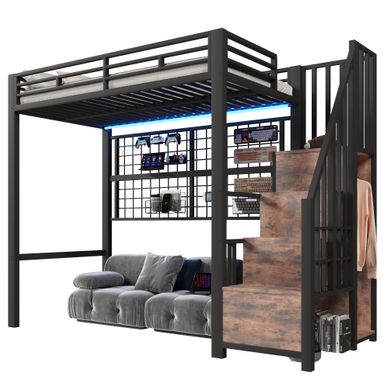 Lit Mezzanine 90x200 Cm, Lit Avec Armoire,Rangement,LED via APP 7 Couleurs,Stable, Noir Lit Mezzanine 90x200 Cm, Lit Avec Armoire,Rangement,LED via APP 7 Couleurs,Stable, Noir