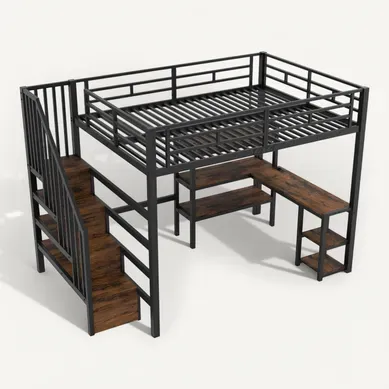 Lit Mezzanine 140x200 Double Avec Escalier, Bureau, Rangements Et LED, Noir