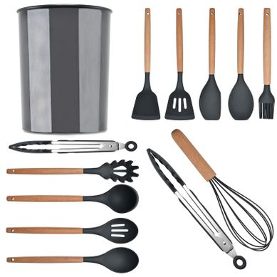 Ustensiles De Cuisine - Set 12 Pièces Avec Poignées Bois Ergonomiques - Silicone Antiadhésif - Gris