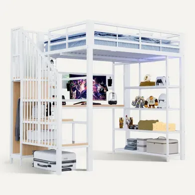 Lit Mezzanine 140x200 Cm, Lit Double, Bureau, Escalier, Contrôle LED Par Bluetooth, Stable, Blanc Lit Mezzanine 140x200 Cm, Lit Double, Bureau, Escalier, Contrôle LED Par Bluetooth, Stable, Blanc