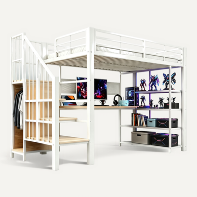 Lit Mezzanine 90x200 Cm, Lit Simple, Escalier Avec Rangement, Contrôle LED Par Bluetooth, Blanc