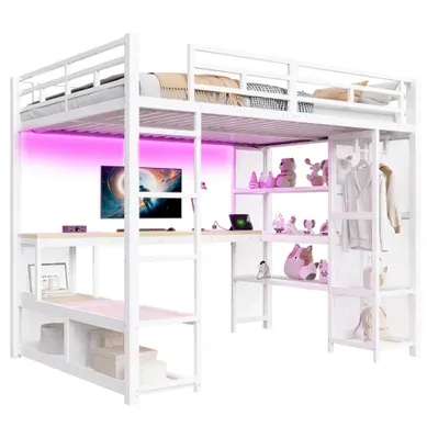 Lit Mezzanine 140×200 Cm, Lit 2 Places, Bureau, LED Via Bluetooth, 16 Couleurs Et Rangements