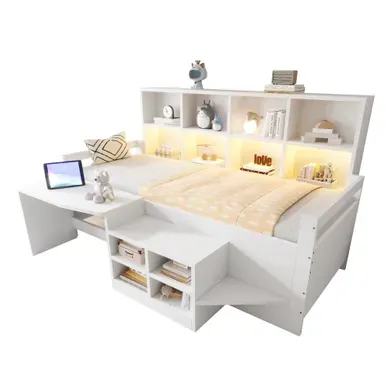 Lit Combiné 90 × 200 Cm, Lit Simple, Bureau, Rangements, USB, Contrôle Bluetooth Par LED, Blanc