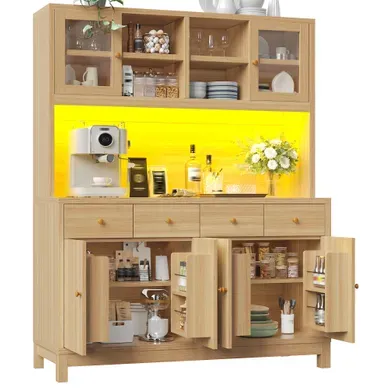 Buffet De Cuisine Haut Avec étagères Réglables Et LED, Structure Stable Et Pratique,naturel Buffet De Cuisine Haut Avec étagères Réglables Et LED, Structure Stable Et Pratique,naturel