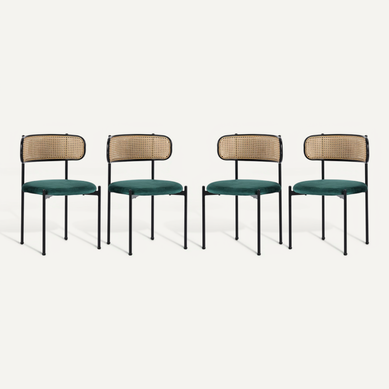 Chaise De Salle à Manger Verte En Velours Avec Dossier En Rotin, Lot De 4 Chaise De Salle à Manger Verte En Velours Avec Dossier En Rotin, Lot De 4