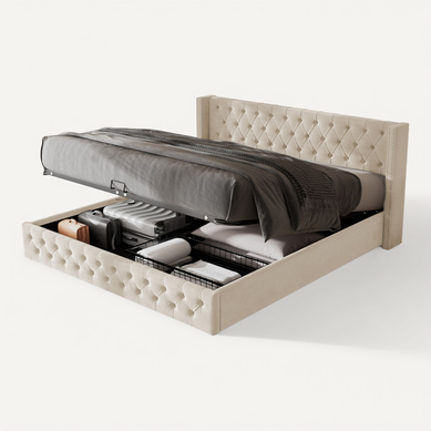 Lit Coffre 160x200 Cm Avec Sommier Relevable Beige Lit Coffre 160x200 Cm Avec Sommier Relevable Beige