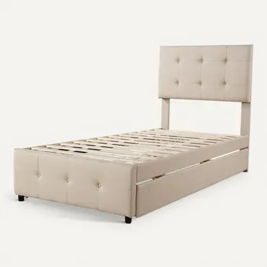 Lit Enfant Tapissé Beige 90x200 Cm Avec Lit Gigogne Et Tête De Lit Réglable Lit Enfant Tapissé Beige 90x200 Cm Avec Lit Gigogne Et Tête De Lit Réglable
