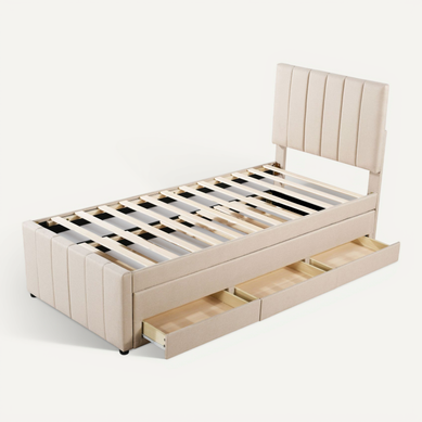 Lit Enfant Rembourré Beige 90x200 Cm Avec Lit Gigogne, Tiroirs Et Tête Réglable Lit Enfant Rembourré Beige 90x200 Cm Avec Lit Gigogne, Tiroirs Et Tête Réglable