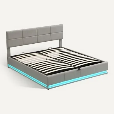 Lit Coffre LED Gris Ciment 180x200 Cm Avec Tête De Lit Réglable Pour Chambre
