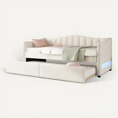 Lit Simple 90x200 Cm Avec Lit Gigogne Tête De Lit éclairage LED Beige Lit Simple 90x200 Cm Avec Lit Gigogne Tête De Lit éclairage LED Beige