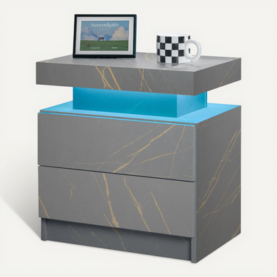 Tables de Chevet avec 2 Tiroirs et Éclairage LED Réglable, Gris et Doré