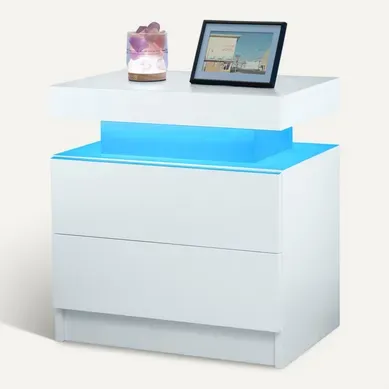 Table De Chevet Avec 2 Tiroirs Avec éclairage LED Réglable, Blanche