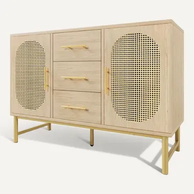 Commode 120 Cm Avec 2 Portes En Effet Rotin Et 3 Tiroirs, Coloris Chêne Sonoma Commode 120 Cm Avec 2 Portes En Effet Rotin Et 3 Tiroirs, Coloris Chêne Sonoma