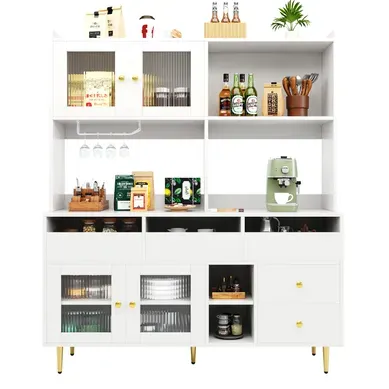 Buffet Blanc 145 X 39 X 171 Cm Avec Verre Rainuré Pour Salle à Manger Buffet Blanc 145 X 39 X 171 Cm Avec Verre Rainuré Pour Salle à Manger