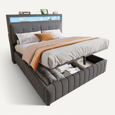 Lit Coffre 160x200 Cm Avec Coffre Hydraulique Tissu Lin Gris, Lit Rangement, Chambre Adulte