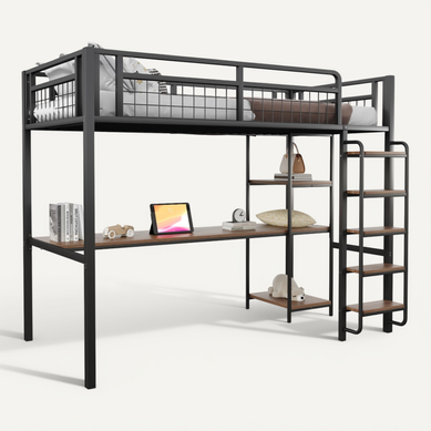 Lit mezzanine 90x200 métal noir bureau intégré étagères rangement échelle sécurisée Lit mezzanine 90x200 métal noir bureau intégré étagères rangement échelle sécurisée