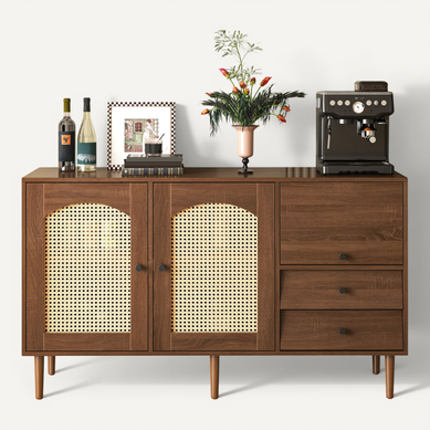 Buffet 130 Cm Avec Portes En Rotin Et Structure En Panneaux De Particules