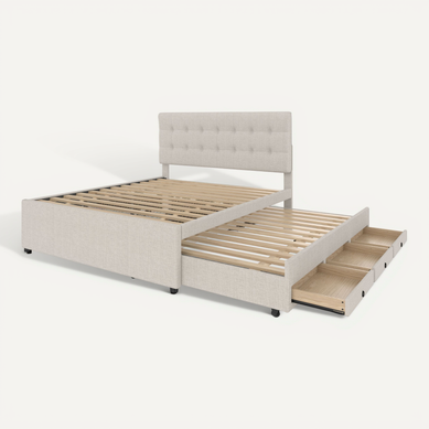 Lit Tapissier Beige 140x200 Cm Avec Lit Gigogne Et 3 Tiroirs Pour Chambre Lit Tapissier Beige 140x200 Cm Avec Lit Gigogne Et 3 Tiroirs Pour Chambre