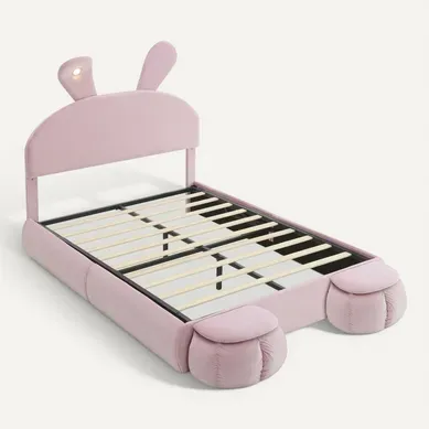 Lit Rembourré Velours Rose 140x200 Cm Avec Oreilles De Lapin, Rangement Et LED