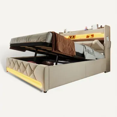 Lit 180x200 Cm Beige En Lin Avec Tête De Lit Rangement, LED 360° Et Ports USB/type-c Lit 180x200 Cm Beige En Lin Avec Tête De Lit Rangement, LED 360° Et Ports USB/type-c
