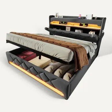 Lit Coffre 160x200 Cm Avec Sommier Relevable Tête De Lit Avec Ports USB Et Type C Lit Coffre 160x200 Cm Avec Sommier Relevable Tête De Lit Avec Ports USB Et Type C