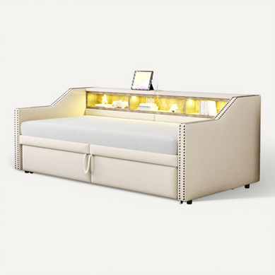 Canapé-lit Convertible Beige 90/180 X 200 Cm Avec Tiroir, LED Et USB Canapé-lit Convertible Beige 90/180 X 200 Cm Avec Tiroir, LED Et USB
