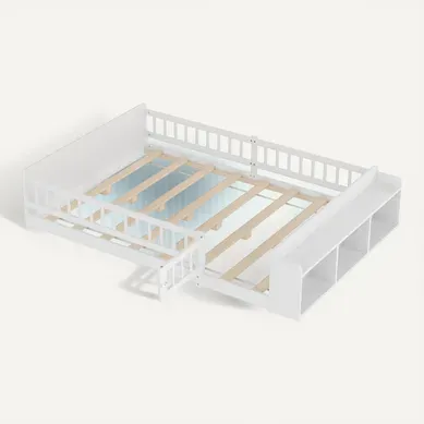 Lit Enfant Blanc 140x190 Cm En Pin Avec Rangements Ouverts Et Porte De Barrière Lit Enfant Blanc 140x190 Cm En Pin Avec Rangements Ouverts Et Porte De Barrière