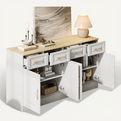 Buffet 140 Cm Avec 4 Tiroirs Et 4 Portes, Style Maison De Campagne