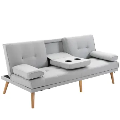 Canapé Convertible 3 Places 181x77x72 Dossier 3 Positions Table Centrale Rabattable Gris Clair