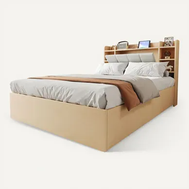 Lit Coffre Hydraulique Bois Naturel 140x200 Cm Avec Tête De Lit Rangements Et USB Lit Coffre Hydraulique Bois Naturel 140x200 Cm Avec Tête De Lit Rangements Et USB