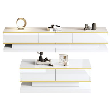 Ensemble Meuble TV Et Table Basse Blanc Brillant Et Doré Pour Salon