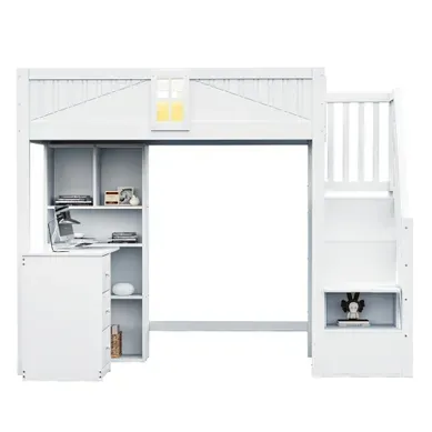 Lit Mezzanine Blanc 90x200 Avec Bureau, Rangements Et échelle Réversible