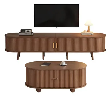 Ensemble Meuble TV Et Table Basse Noyer Avec Rangements Pour Salon