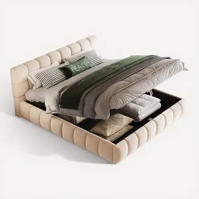 Lit Coffre 140x190 cm en Velours Beige avec Sommier Inclus, Tête de Lit Capitonnée et Rangement Lit Coffre 140x190 cm en Velours Beige avec Sommier Inclus, Tête de Lit Capitonnée et Rangement
