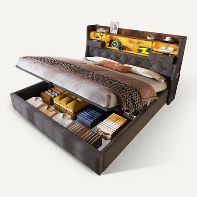 Lit Coffre 160x200 Cm Avec Sommier Relevable Tête De Lit LED Tissu Gris Lit Coffre 160x200 Cm Avec Sommier Relevable Tête De Lit LED Tissu Gris