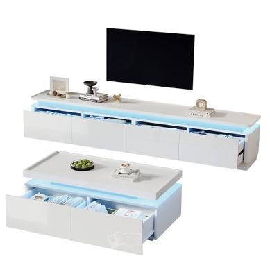 Ensemble Meuble TV Et Table Basse Blanc Brillant Avec LED Pour Salon