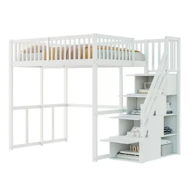 Lit Mezzanine 140x200 Cm Avec Escalier De Rangement Blanc
