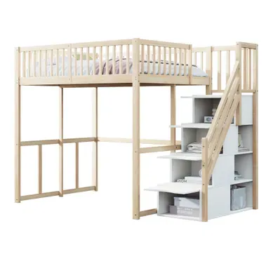 Lit Mezzanine 140x200 Cm Bois Naturel Avec Escalier Rangement Pin Massif