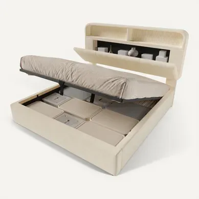 Lit Coffre 140x190 Cm Avec Tête De Lit De Rangement Beige Hydraulique, LED & USB, Sommier Inclus