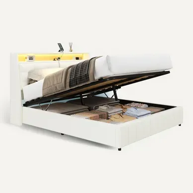 Lit Coffre 160x200cm Blanc avec LED,Port USB et Rangement Sous Sommier,Matériau PU,Dossier Rembourré