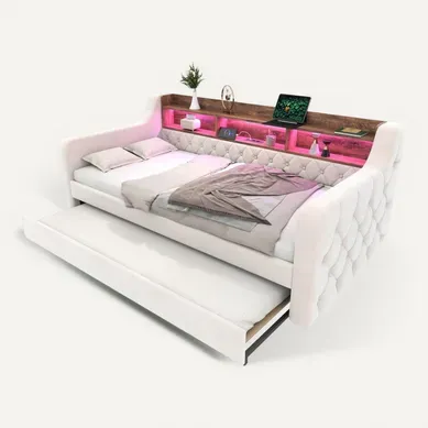 lit gigogne 90x190 Cm Avec Structure Extensible Velours Beige lit gigogne 90x190 Cm Avec Structure Extensible Velours Beige