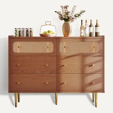 Commode 120×40×90 cm Moderne En Noyer Avec 6 Tiroirs En Rotin, Buffet Haut Pour Chambre Et Salon Commode 120×40×90 cm Moderne En Noyer Avec 6 Tiroirs En Rotin, Buffet Haut Pour Chambre Et Salon