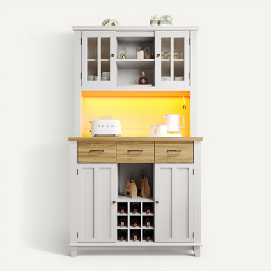 Armoire De Cuisine Avec étagères Réglables, Buffet Avec éclairage LED Et Tiroirs En Bois, Vitrine