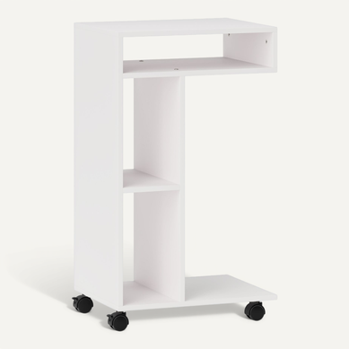 Table D'appoint En C 40 X 30 X 69 Cm Blanche, 3 Espaces De Rangement, Roulettes Freinables