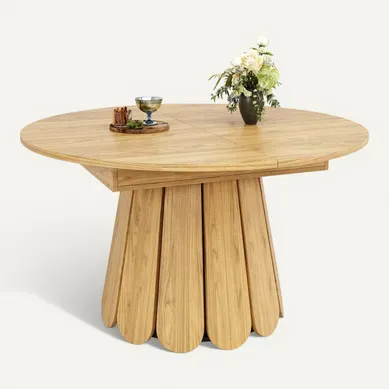 Table à Manger Ronde Extensible 118→158 Cm En Mdf, Finition Bois Naturel Vintage, 6 Places