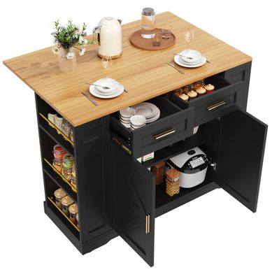 Îlot De Cuisine Multifonction 120x40x90 Cm En Mdf Noir, Table Rabattable Et Grand Rangement