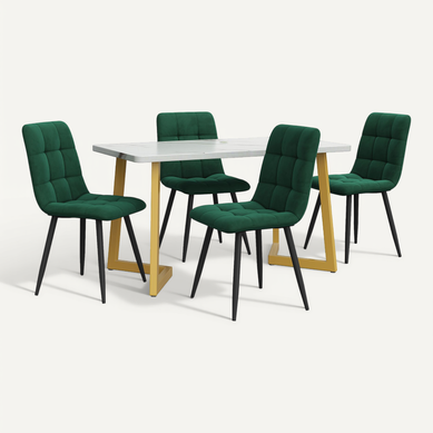 Table à Manger Rectangulaire Avec 4 Chaises En Velours Vert, Plateau Mdf Et Pieds Dorés Table à Manger Rectangulaire Avec 4 Chaises En Velours Vert, Plateau Mdf Et Pieds Dorés
