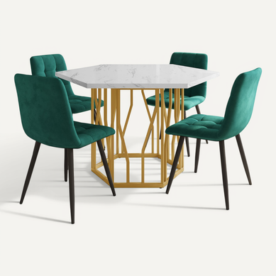 Table Hexagonale 115,5x100 Cm Et 4 Chaises Velours Vert, Plateau Mdf Effet Marbre, Pieds Dorés Table Hexagonale 115,5x100 Cm Et 4 Chaises Velours Vert, Plateau Mdf Effet Marbre, Pieds Dorés